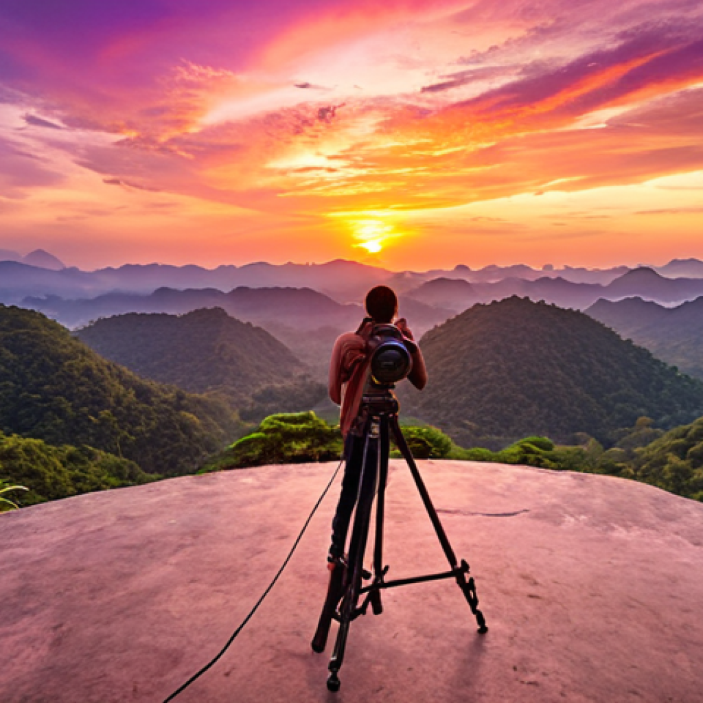 A breathtaking sunset over a tranquil, uncrowded scenic viewpoint in Thailand. The sky bursts with vibrant hues of orange, pink, and deep purple. A few people are peacefully admiring the view, some setting up cameras on tripods to capture the golden hour. The atmosphere is serene and calming, highlighting the beauty of nature without overwhelming crowds.