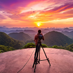 A breathtaking sunset over a tranquil, uncrowded scenic viewpoint in Thailand. The sky bursts with vibrant hues of orange, pink, and deep purple. A few people are peacefully admiring the view, some setting up cameras on tripods to capture the golden hour. The atmosphere is serene and calming, highlighting the beauty of nature without overwhelming crowds.