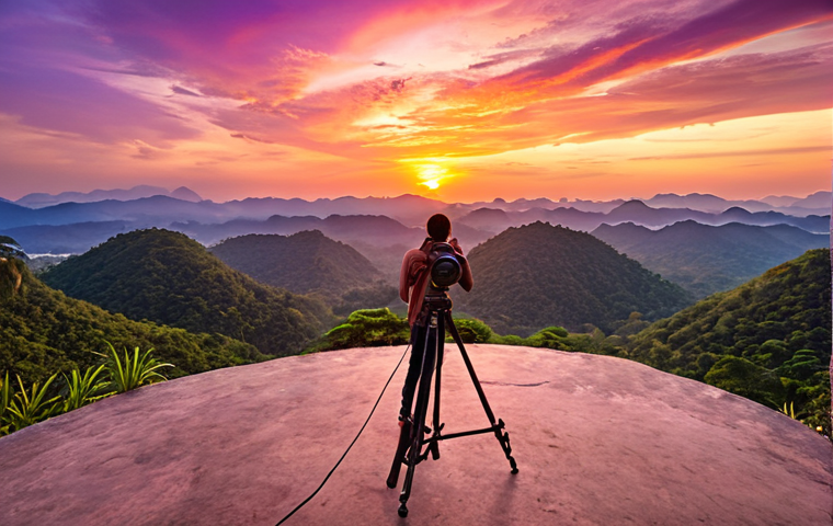 A breathtaking sunset over a tranquil, uncrowded scenic viewpoint in Thailand. The sky bursts with vibrant hues of orange, pink, and deep purple. A few people are peacefully admiring the view, some setting up cameras on tripods to capture the golden hour. The atmosphere is serene and calming, highlighting the beauty of nature without overwhelming crowds.